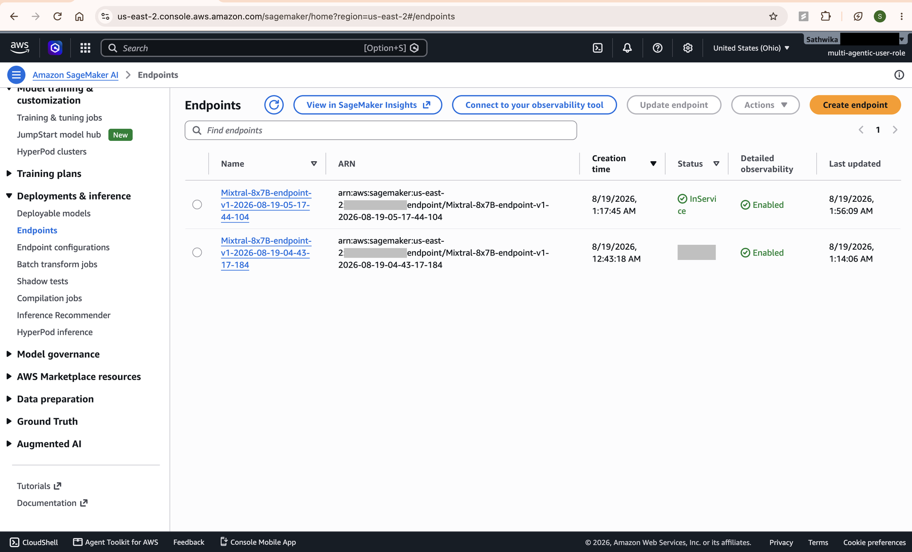 SageMaker endpoint detail showing status InService.